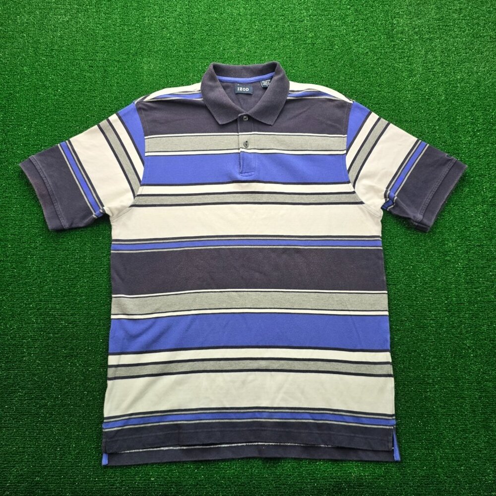 Izod Polo Shirt Mens Large Blue White Striped Short Sleeve Golf Summer Casual‎